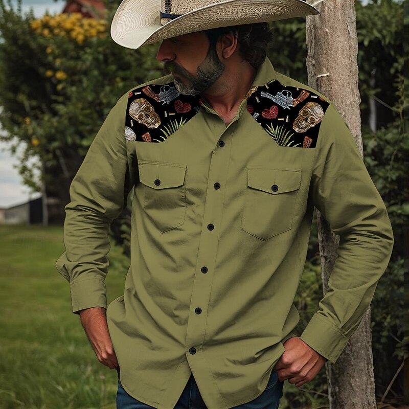 Men's Pistol Cowboy Skulls Western Shirt Button Up Shirt Cowboy Shirt Long Sleeve Vintage Western Daily Holiday Fall Winter Spring & Summer Turndown Collared Shirts 3D Print Army Green Blue Orange2