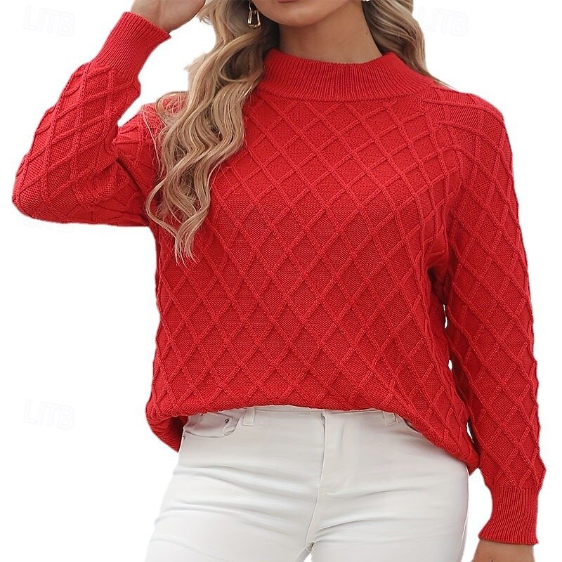 Women's Sweater Fashion Streetwear Daily Geometric Crew Neck Knitted Textured Long Sleeve Regular Tops Knit Work Black Red Fall Winter2