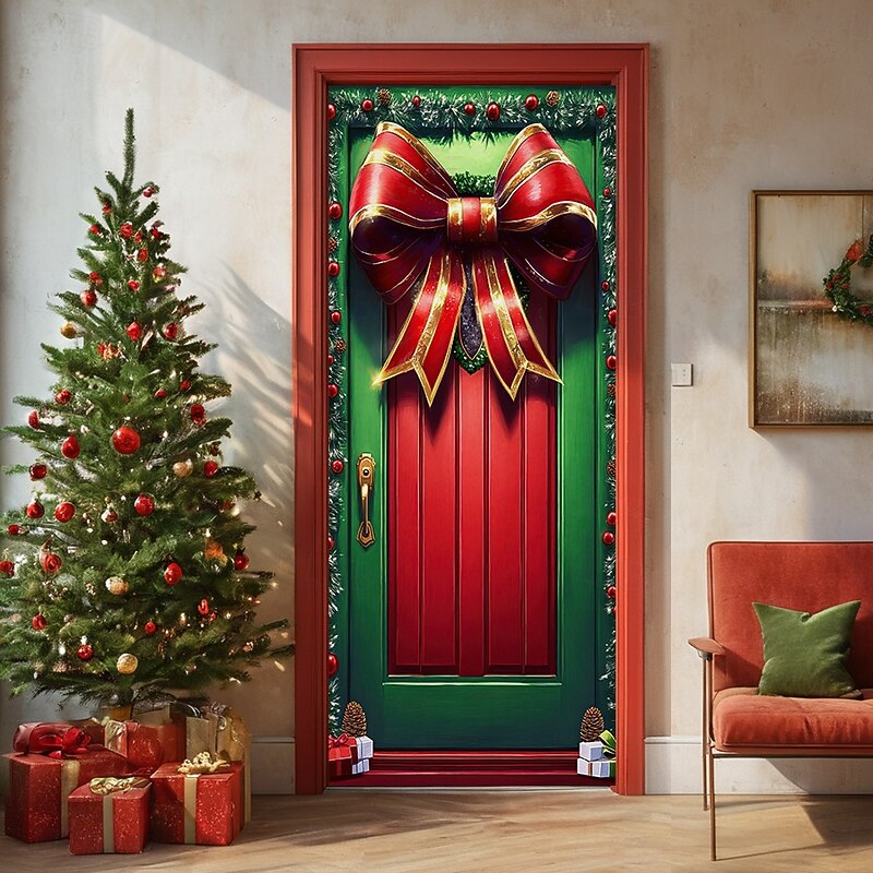 Christmas Door Decorations Door Covers Xmas Bow Tie Door Tapestry Door Curtain Decoration Backdrop Door Banner for Front Door Farmhouse Christmas Holiday Party Decor Supplies Ornaments Indoor/Outdoor 6