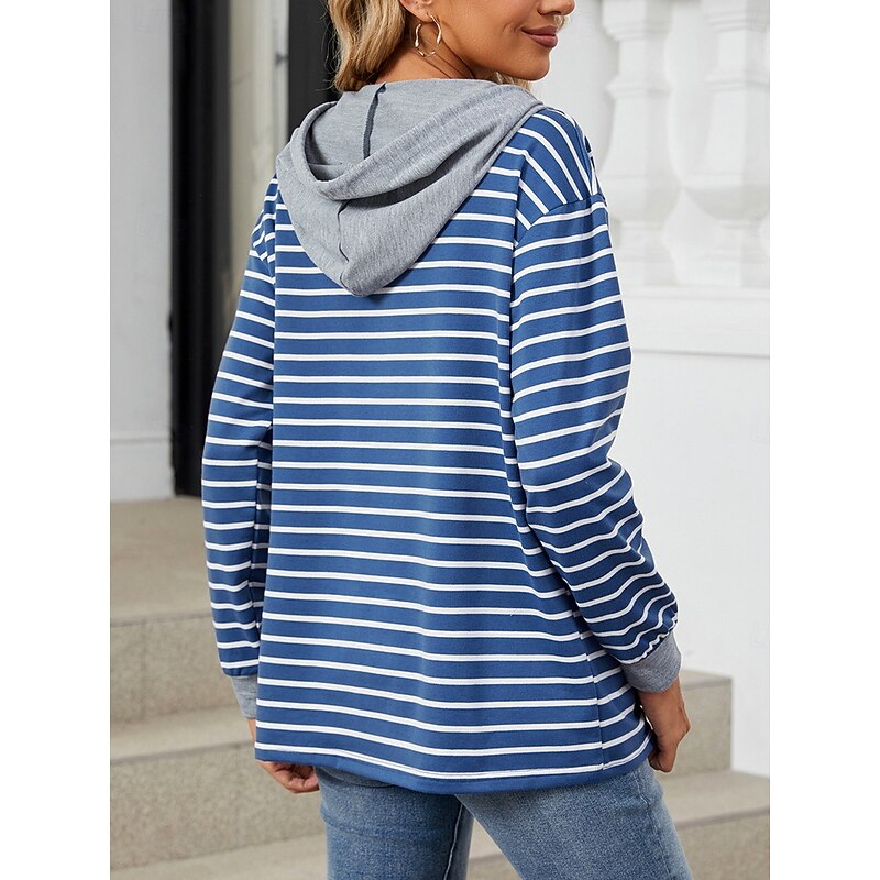 Women's Hoodie Sweatshirt Casual Striped Street Dailywear Hoodie Buttons Print Long Sleeve Navy Blue Green Fall Winter2