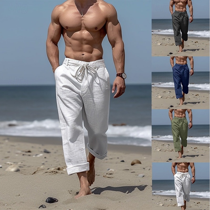 Men's Trousers Summer Pants Beach Pants Front Pocket Straight Leg Plain Comfort Breathable Casual Daily Holiday Fashion Basic Black White