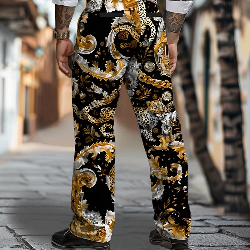 Men's Leopard Dress Pants Mid Waist Fashion Casual Vacation Party Evening Wear Zipper Pocket Straight Leg Trousers Summer Spring Fall 3D Print Black2