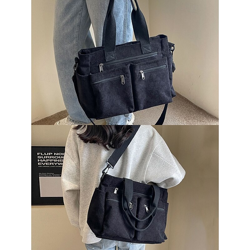 Vintage Corduroy Tote Bag with Multiple Zippered Pockets - Casual Handbag for Women3