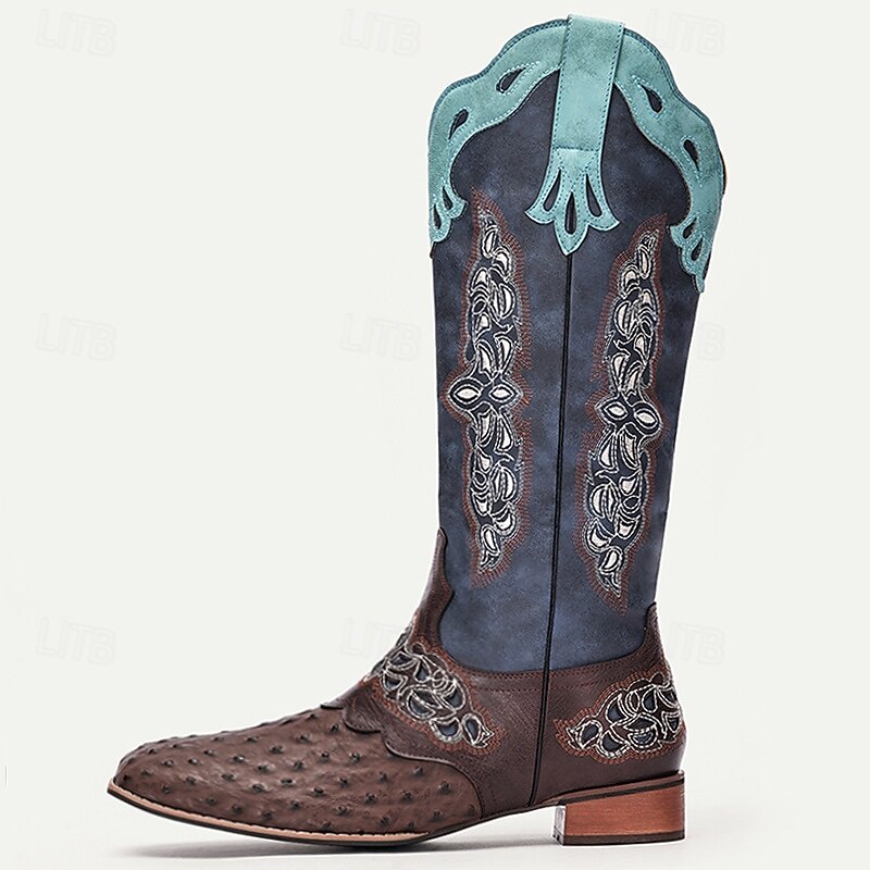 Men's Vintage Western Cowboy Boots with Intricate Embroidery and Ostrich Print - Stylish Mid-Calf Design for Rodeo, Festivals, and Casual Wear3