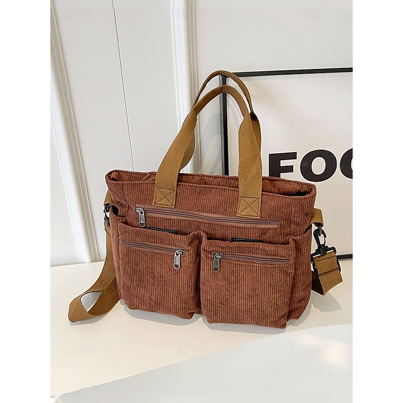 Vintage Corduroy Tote Bag with Multiple Zippered Pockets - Casual Handbag for Women