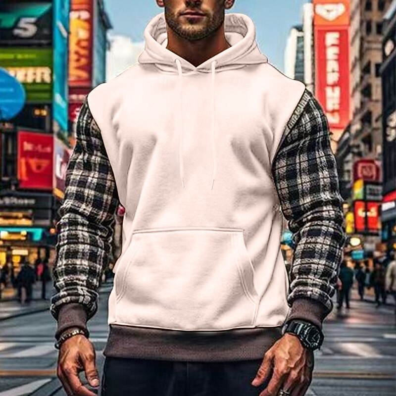 Men's Hoodie Sweatshirt Light Khaki. Brown Khaki Hooded Plaid Patchwork Front Pocket Sports & Outdoor Daily Holiday Streetwear Basic Casual Spring &  Fall Clothing Apparel Hoodies Sweatshirts3