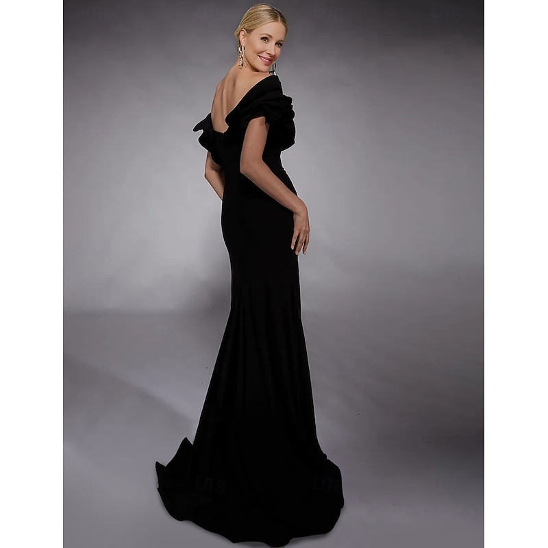 Black Tie A-Line Evening Gown Elegant Formal Dress Floor Length Fall Wedding Guest Dress Short Sleeve V Neck Pocket Stretch Crepe with Slit Masquerade Dress2