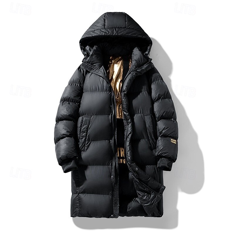 Men's Winter Coat Puffer Jacket Padded Zipper Pocket Polyster Pocket Outdoor Long Fashion Casual Thermal Warm Windproof Winter Plain Black Puffer Jacket