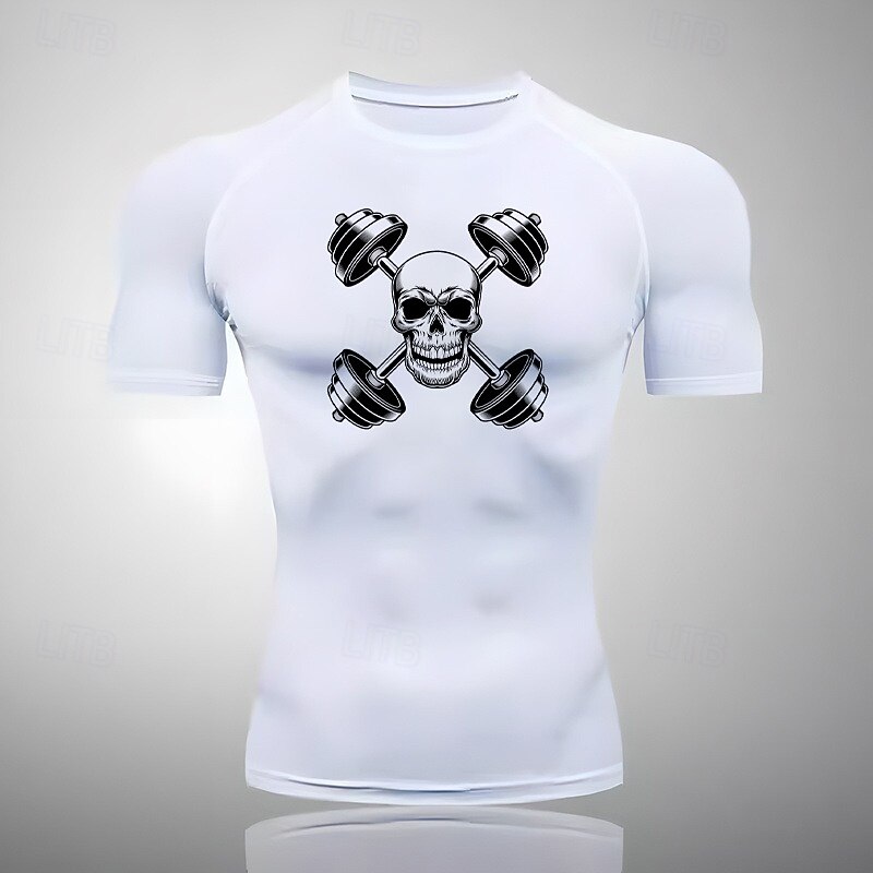 Men's Compression Shirt Athletic Shirt Gym Shirt Fitness Shirt Short Sleeve Tee Tshirt Casual Athleisure Skull Quick Dry Soft Breathable Gym Workout Walking Jogging Sportswear Activewear White Red
