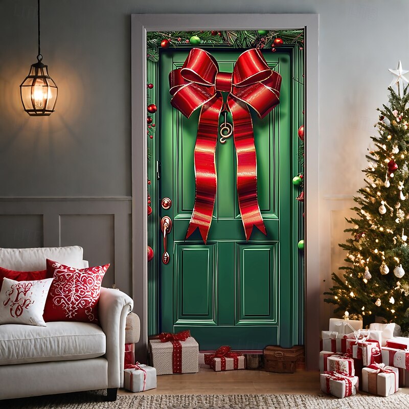 Christmas Door Decorations Door Covers Xmas Bow Tie Door Tapestry Door Curtain Decoration Backdrop Door Banner for Front Door Farmhouse Christmas Holiday Party Decor Supplies Ornaments Indoor/Outdoor 9