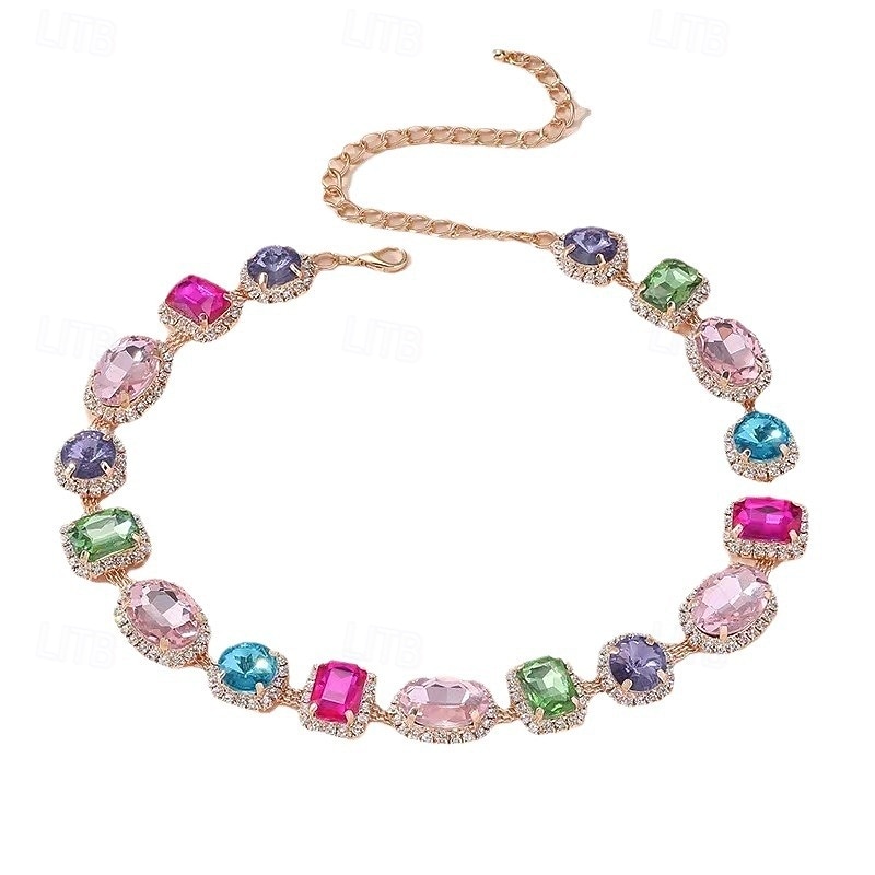 Luxury Multicolor Gemstone Necklace for Women – Crystal-Embellished Statement Necklace with Rhinestone Accents, Perfect for Weddings, Parties, and Special Events4