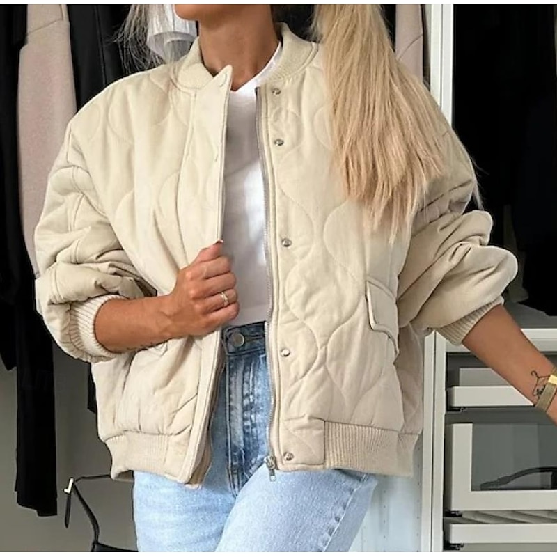 Women's Winter Coat Warm Zipper Pocket Casual Street Style Plain Vacation Street Daily Wear Zipper Stand Collar Regular Fit Long Sleeve Outerwear Black Khaki Dark Grey Fall Winter3