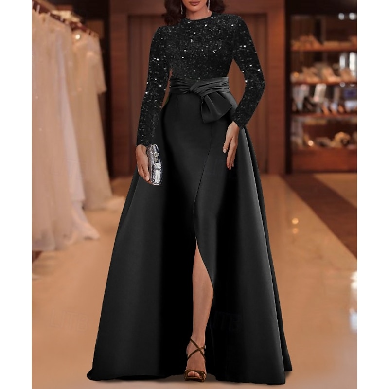 A-Line Evening Gown Elegant Dress Formal Floor Length Long Sleeve Jewel Neck Satin with Glitter Appliques4