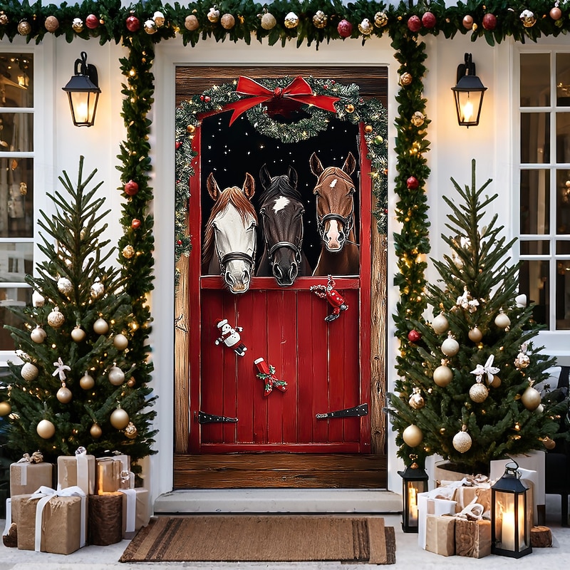 Christmas Door Decorations Door Covers Horses Door Tapestry Door Curtain Decoration Backdrop Door Banner for Front Door Farmhouse Holiday Party Decor Supplies Indoor/Outdoor