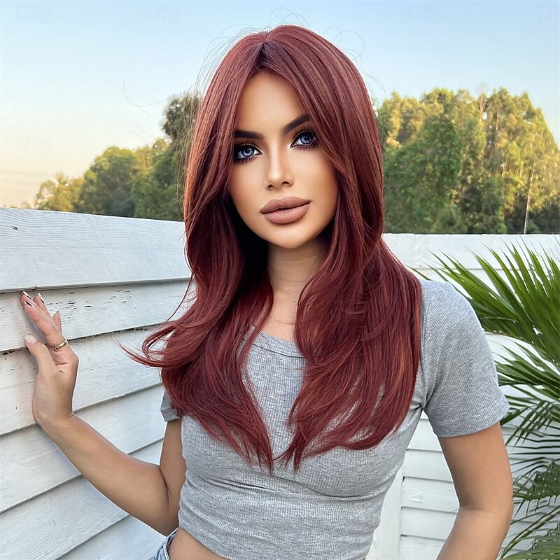 Synthetic Wig Uniforms Career Costumes Princess Straight kinky Straight Middle Part Layered Haircut Machine Made Wig 22 inch Brown / Burgundy Synthetic Hair Women's Cosplay Party Fashion Burgundy3