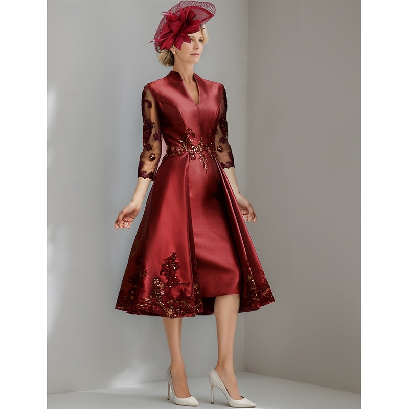 A-Line Mother of the Bride Dress Elegant Vintage V Neck Tea Length Satin 3/4 Length Sleeve with Lace Solid Color4