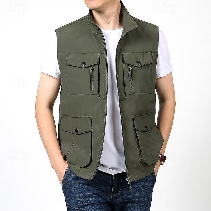 Men's Hiking Vest Hiking Fleece Vest Sleeveless Vest Outdoor Comfortable Breathable Pocket Polyester Black Army Green Khaki Hunting Fishing Climbing