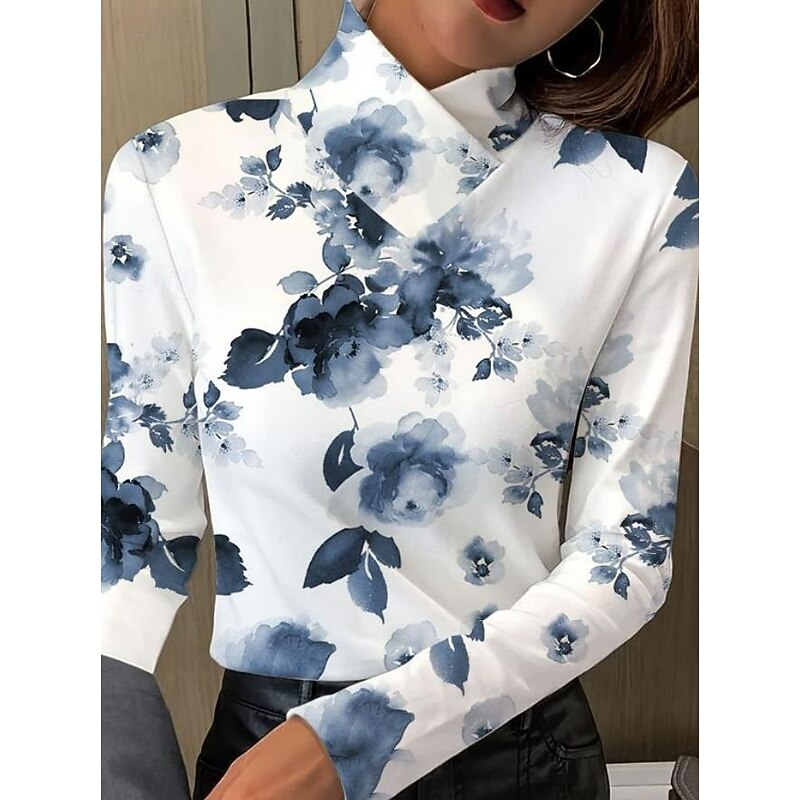Women's Tunic T Shirt Floral Elegant Long Sleeve Bishop Sleeve Asymmetrical Daily White Fall Winter
