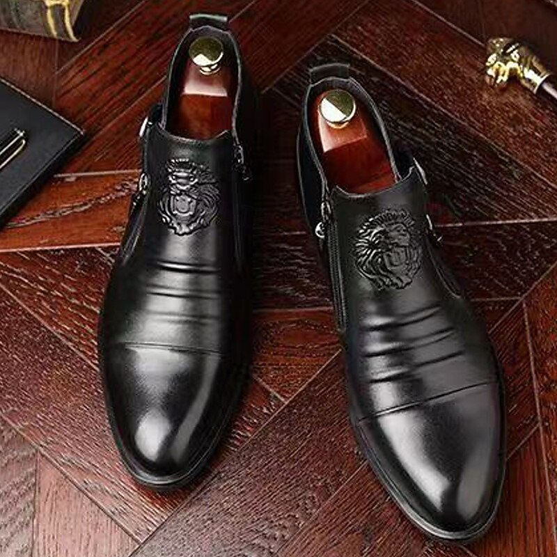 Men's Black Faux Leather Ankle Boots with Lion Embossed Design and Side Zipper – Luxury Formal Footwear for Business and Special Occasions2
