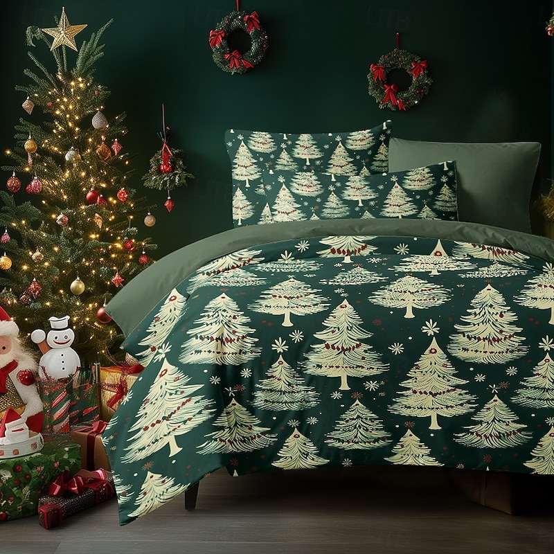 Christmas Duvet Cover with Christmas Tree Design 100% Cotton Festive Holiday Christmas Comforter Set Full Includes Duvet Cover and Pillowcases Soft and Cozy Seasonal Bedroom Decor Queen King Size - Main Image