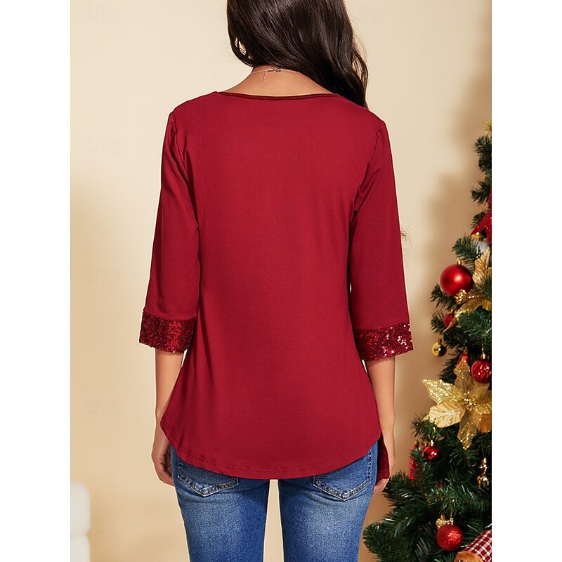 Women's  Tunic Blouse  Solid Color Daily Casual Long Sleeve V Neck Red Spring Fall3