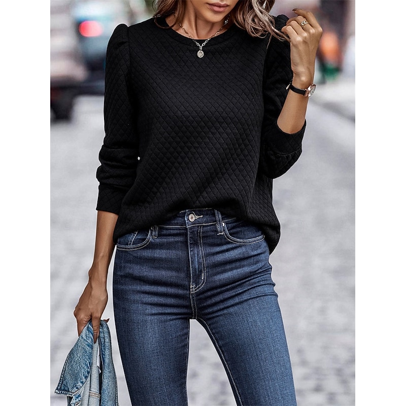 Women's Shirt Texture Sweatshirt Waffle Sweatshirt  Solid Color Business Modern Long Sleeve Crew Neck Regular Tops Work Black Navy Blue Brown Beige Fall Winter4