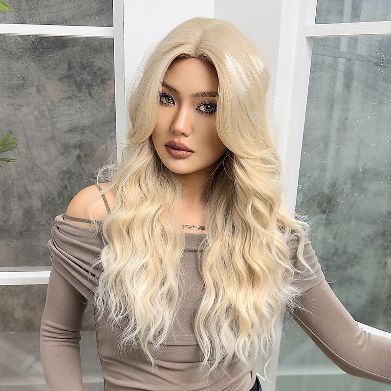 Synthetic Wig Uniforms Career Costumes Princess Curly Wavy Middle Part Layered Haircut Machine Made Wig 26 inch Light golden Synthetic Hair Women's Cosplay Party Fashion Blonde4