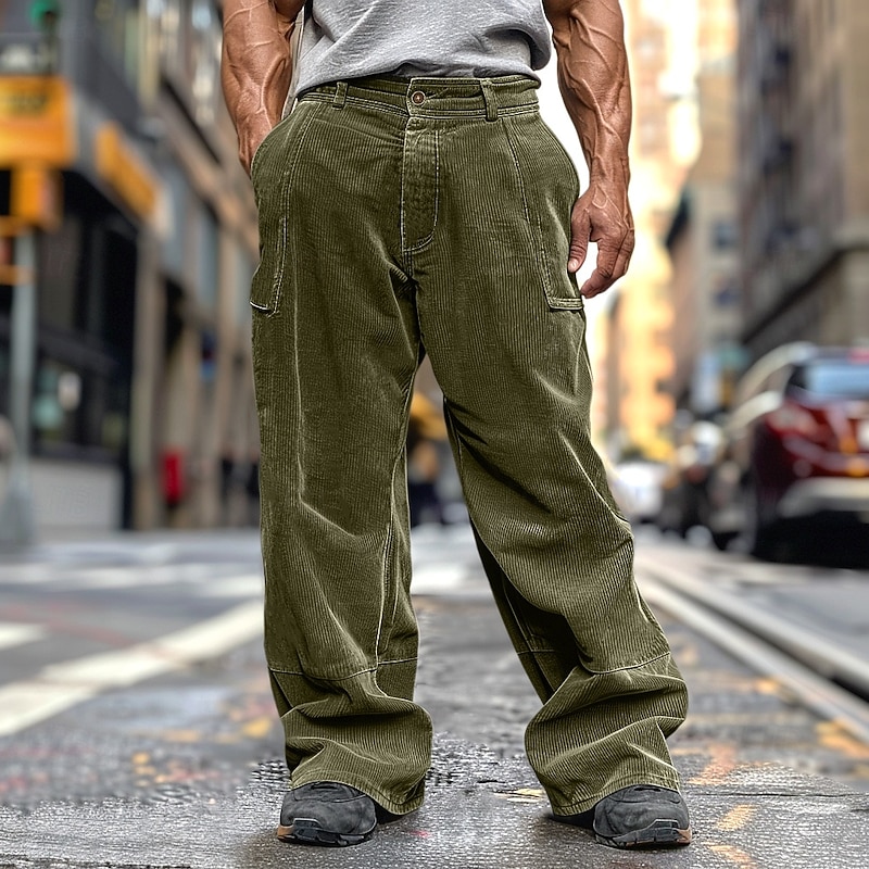 Men's Cargo Pants Corduroy Pants Trousers Baggy Pants Casual Pants Pocket Elastic Waist Straight Leg Plain Comfort Soft Full Length Outdoor Daily Going out Fashion Streetwear Army Green Brown2