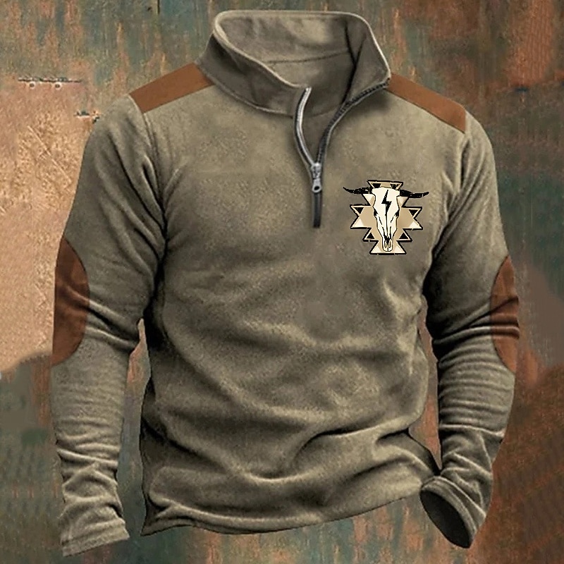 Men's Sweatshirt Quarter Zip Sweatshirt Blue Brown Khaki Light Grey Dark Gray Half Zip Graphic Cow Print Print Quarter Zip Christmas Daily Holiday Other Prints Polyester Streetwear Casual Fall Winter2