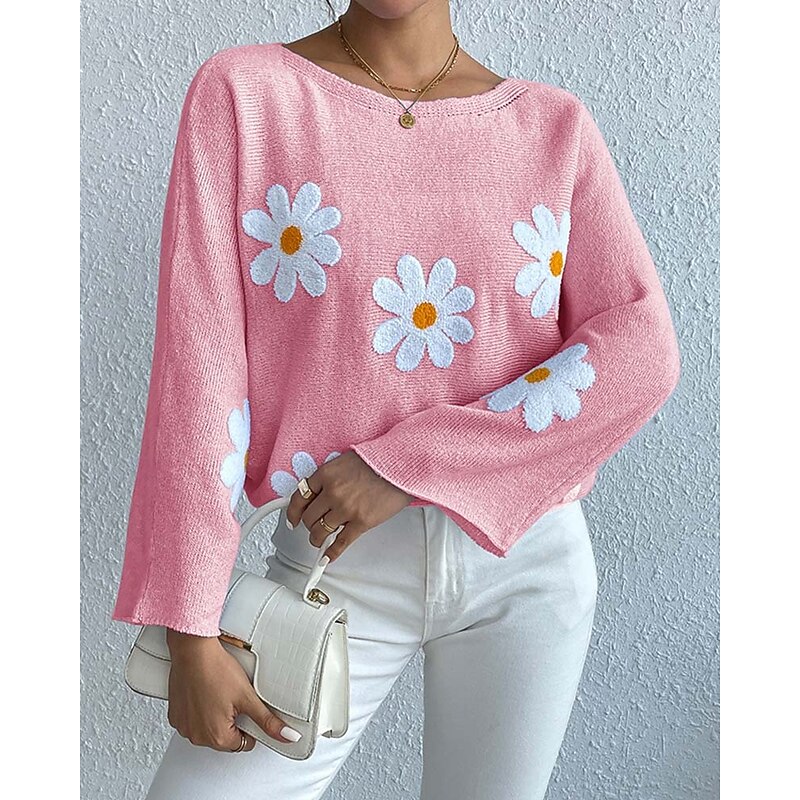 Women's Sweater Daily Casual Floral Graphic Print Crew Neck Knitted Long Sleeve Long Tops Knit Home Work Daily Pink Blue Fall Winter4