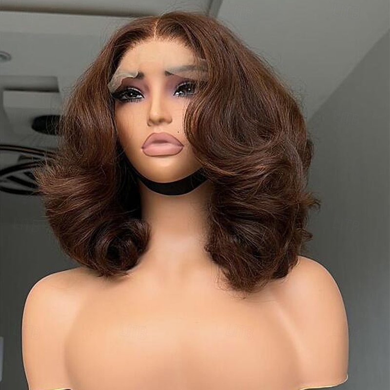 Remy Human Hair 13x4 Lace Front Wig Short Bob Brazilian Hair Wavy Brown Wig 130% 150% Density Glueless Pre-Plucked For Women Short Human Hair Lace Wig3
