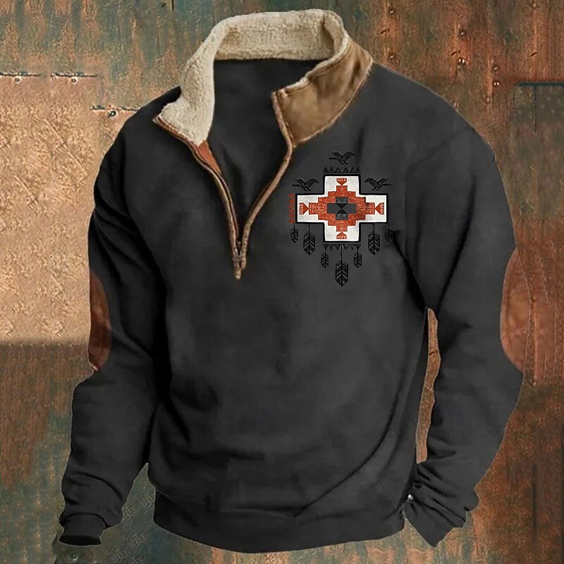 Men's Sweatshirt Quarter Zip Sweatshirt Black Navy Blue Brown Gray Half Zip Color Block Tribal Patchwork Sports & Outdoor Daily Holiday Polyester Basic Ethnic Casual Fall & Winter Clothing Apparel3