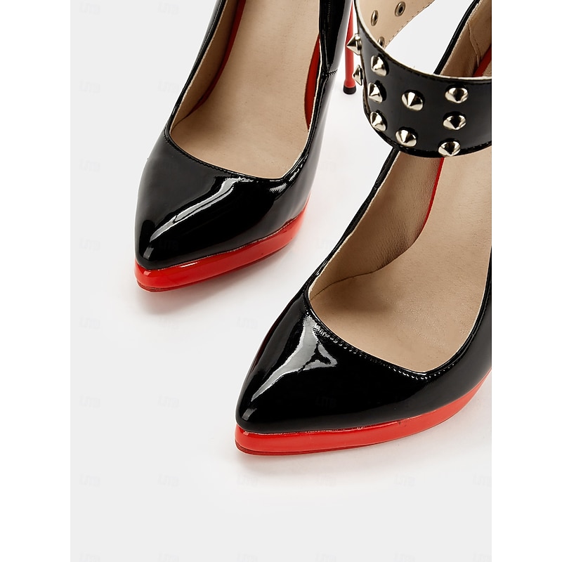 Women's Black Patent Leather Platform Stiletto Heels with Red Sole, Studded Spiked Ankle Straps, Sexy High Heels for Night Out, Parties, and Clubwear4