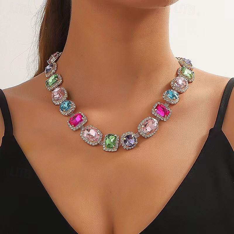 Luxury Multicolor Gemstone Necklace for Women – Crystal-Embellished Statement Necklace with Rhinestone Accents, Perfect for Weddings, Parties, and Special Events - Main Image