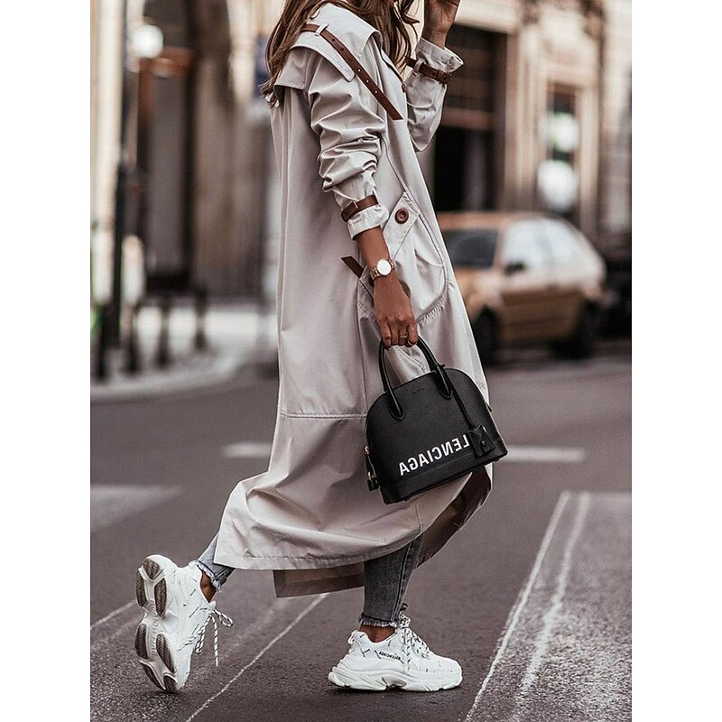 Women's Trench Coat Work Street Fall Winter Long Coat Loose Fit Comtemporary Stylish Casual Jacket Long Sleeve Solid Color with Pockets Black Green Gray2