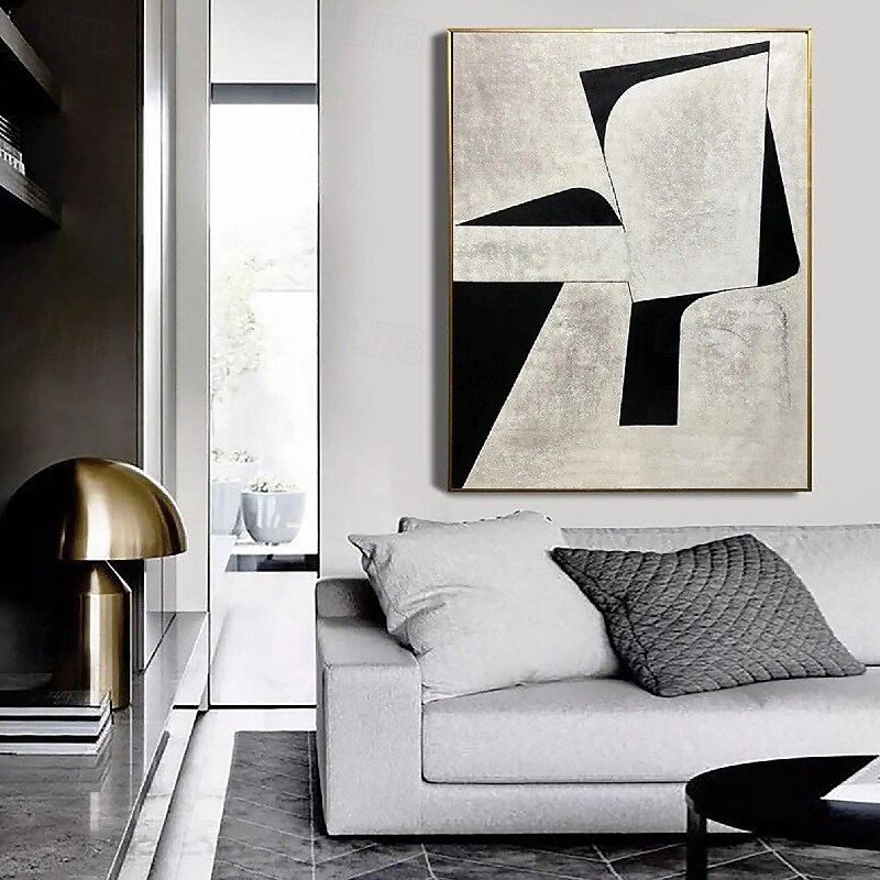 Handpainted White Black Textured Painting Oversized handmade Abstract Geometric painting Wall Art Large Minimalist Black White Painting for Living Room Wall Decor Abstract Art3