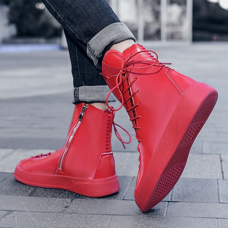 Men's Red Faux Leather High-Top Boots with Side Zipper and Lace-Up Design – Stylish Casual Footwear for Fall and Winter 5