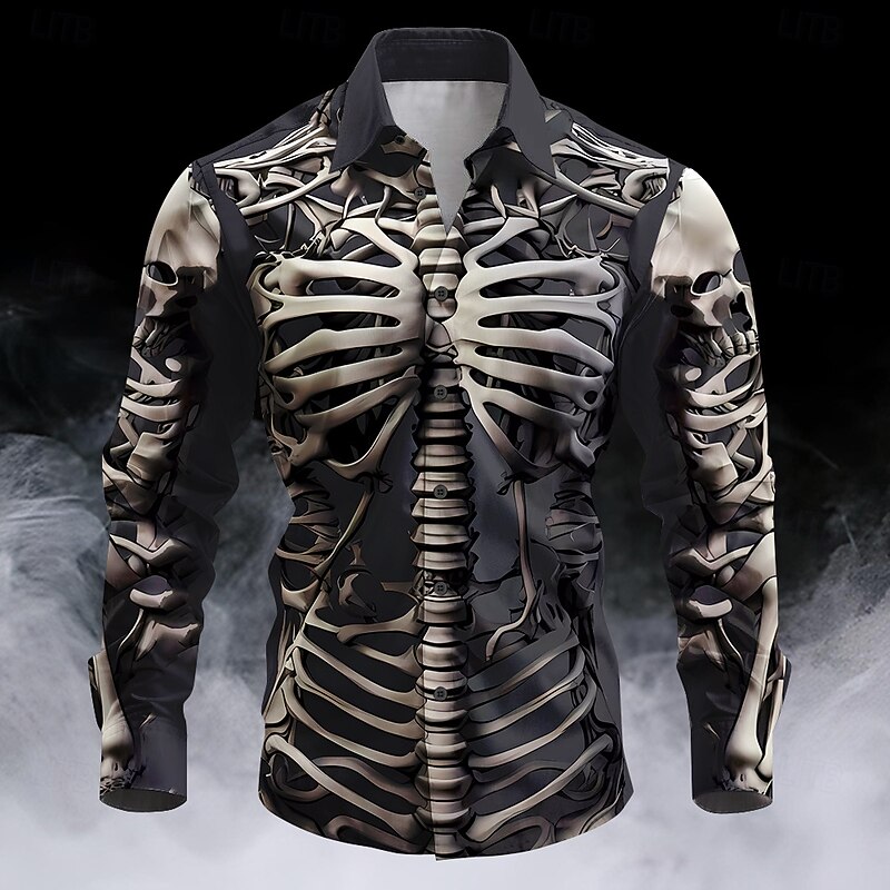 Halloween Men's Cool Skulls Halloween Costumes Button Up Shirt Long Sleeve Horror Dark Party Evening Wear Fall Winter Spring & Summer Shirt Collar Button Up 3D Print Black