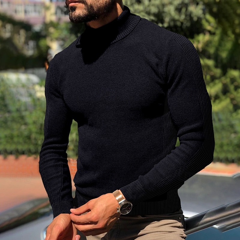 Men's Turtleneck Sweater Pullover Sweater Jumper Knit Tunic Knitted Plain Turtleneck Stylish Casual Daily Going out Clothing Apparel Spring Fall Black White S M L3