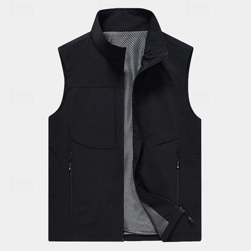 Men's Vest Gilet Fishing Vest Hiking Vest Daily Date Vacation Fashion Casual Spring & Summer Pocket Polyester Breathability Plain Zipper Stand Collar Regular Fit Black Khaki Army Green Dark Blue Vest4