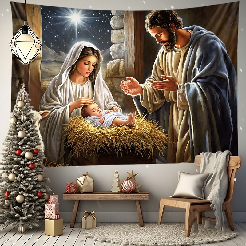 Christmas Decorations Nativity Scene Hanging Tapestry Wall Art Large Tapestry Mural Decor Photograph Backdrop Blanket Curtain Home Bedroom Living Room Decoration3