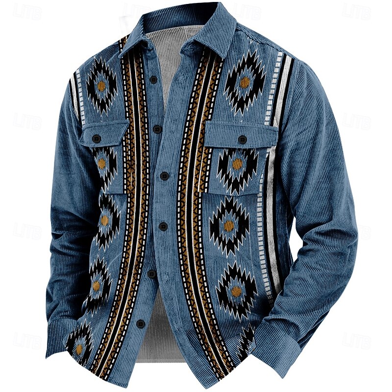Men's Ethnic Cowboy Corduroy Shirt Shirt Jacket Overshirt Long Sleeve Vintage Tribal Outdoor Dailywear Fall & Winter Turndown Collared Shirts Buttons 3D Print 2 Pockets 1pc Navy Blue