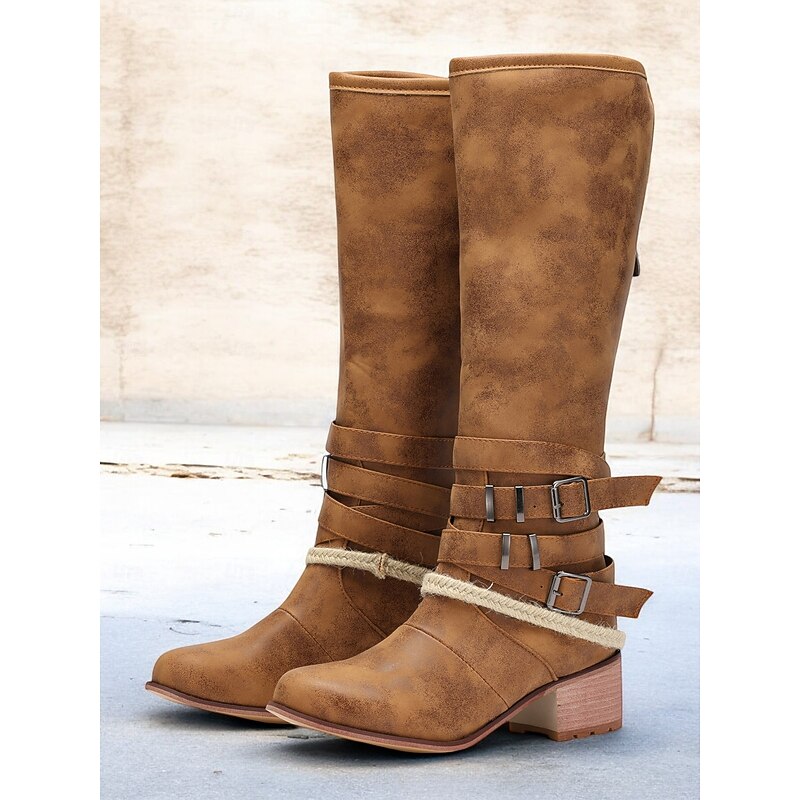 Rustic Brown Western Women's Boots with Buckle Straps and Rope Detailing - Vintage Style, Perfect for Casual Outings and Country Festivals3