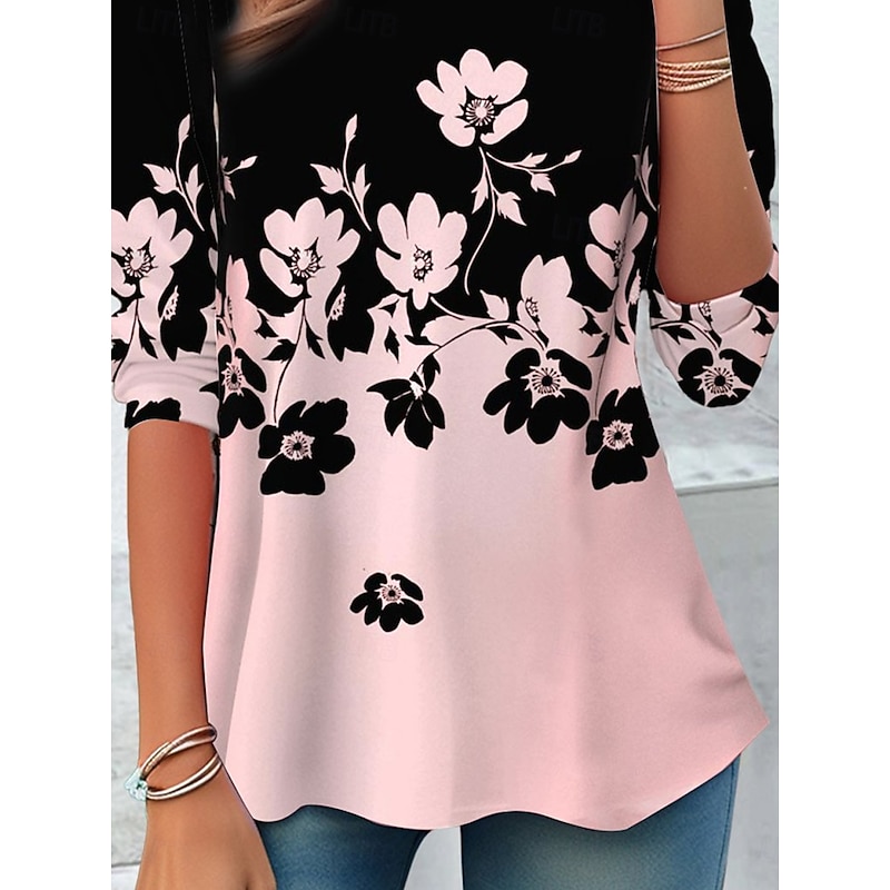 Women's T Shirt Casual Print Regular Tops Daily Pink Spring Fall3