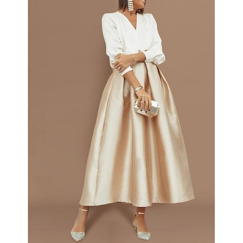 Beach Wedding Two Piece Cocktail Dresses Elegant Dress Wedding Party Wear Tea Length Long Sleeve V Neck Satin with Pleats Dresses
