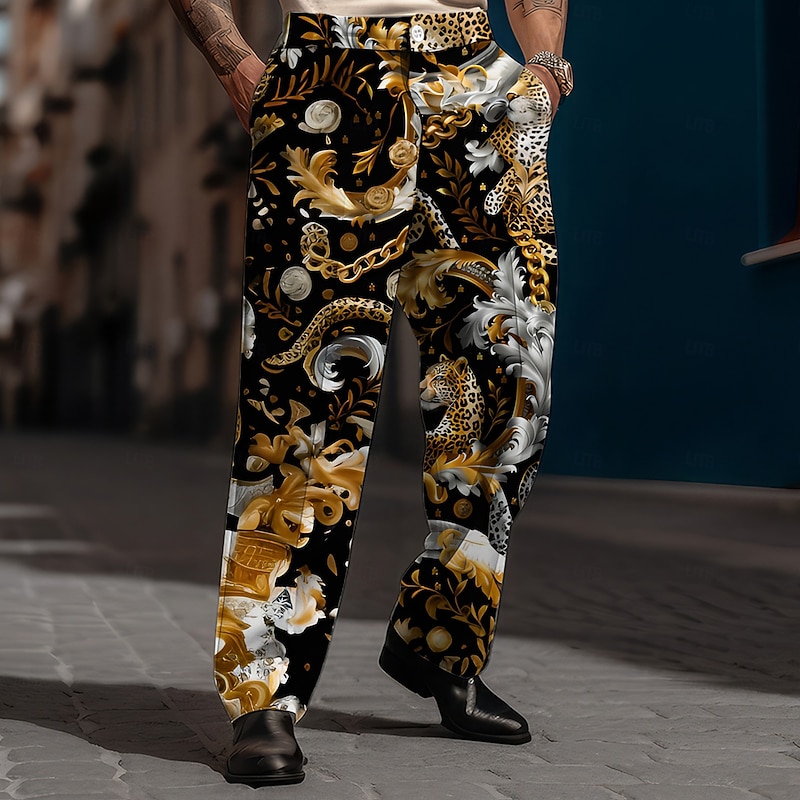 Men's Leopard Dress Pants Mid Waist Fashion Casual Vacation Party Evening Wear Zipper Pocket Straight Leg Trousers Summer Spring Fall 3D Print Black