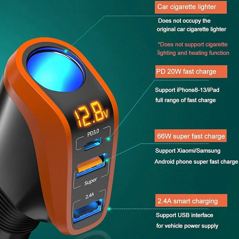 12/24V Car Lighter Charger Universal Fast Charging 66W QC3.0 USB PD20W Type-C Power Supply Socket Adapter 4in1 with LCD Display for Driver RTV SUV MPV2