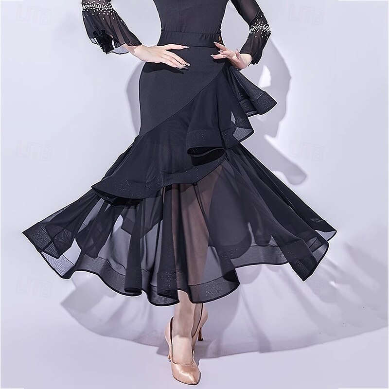 Ballroom Dance Skirts Ruffles Pure Color Splicing Women's Performance Training Mesh Milk Fiber