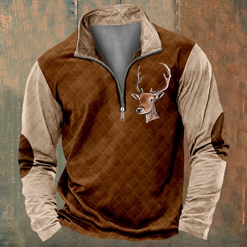 Men's Patchwork Deer Sweatshirts Sweatshirt Zip Sweatshirt Quarter Zip Sweatshirt Long Sleeve Sweatshirt Crew Neck Quarter Zip 3D Funny 3D Print Christmas Party Holiday Crewneck Half Zip Winter