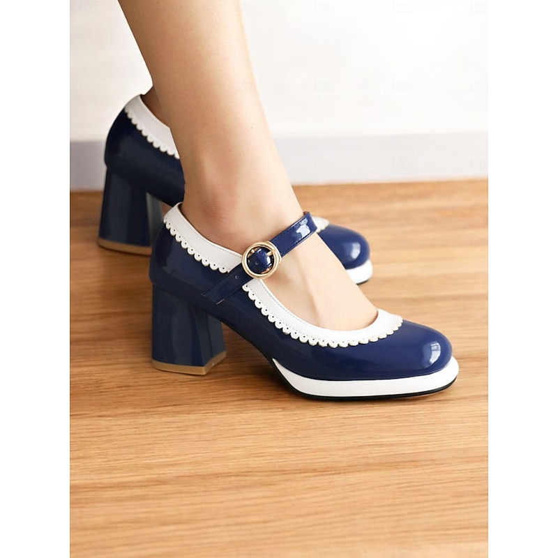 Women's Retro Blue and White Mary Jane Block Heels with Scalloped Trim – Vintage-Style Shoes for Cosplay, Parties, and Formal Occasions
